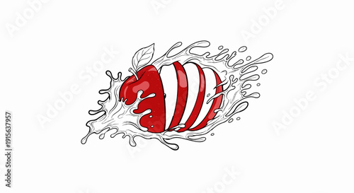 Red apple sliced and splashing in water