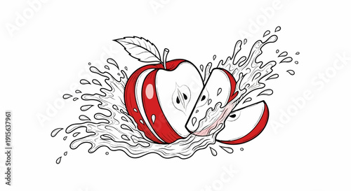 Red apple cut open with splashes of water and a leaf