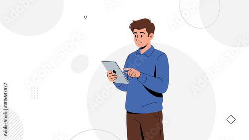 Man using digital tablet, browsing online, modern technology concept, flat design illustration