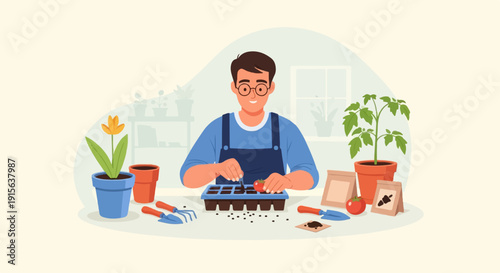 Person planting seeds in a tray with gardening tools and plants