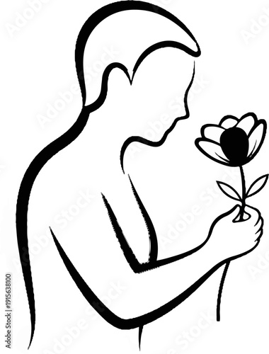 Person smelling a delicate flower with bold black outlines