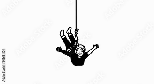 Person smiling with arms outstretched, suspended by a rope