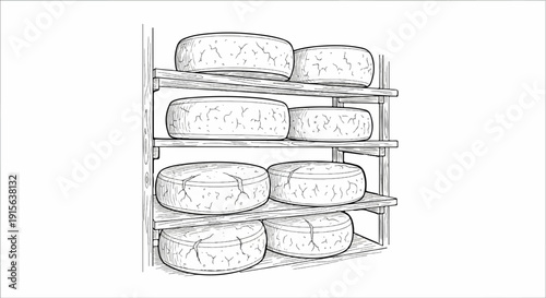 Round cheeses aging on wooden shelves in a rustic storage