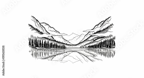 Serene mountain lake with reflected evergreen trees and distant peaks