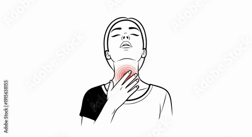 Person touching sore throat, neck pain indicated by red circles