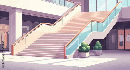 Pixelated shopping mall interior with grand staircase and storefronts