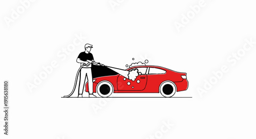 Person using high pressure washer on red car with soap bubbles