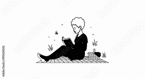 Person with afro reading book on checkered blanket with picnic basket and birds