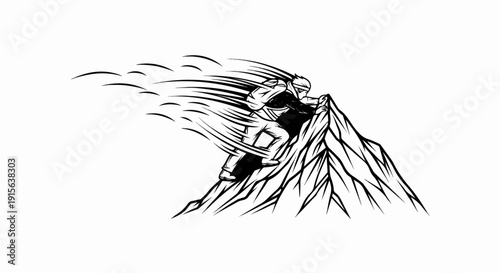 Person with backpack climbs a sharp mountain peak, stylized wind effect