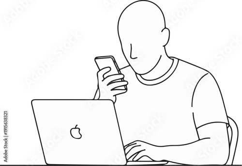 Person with laptop and phone, minimalist outline style