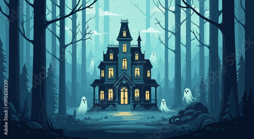 Pixel art spooky mansion at night with ghosts in a dark forest setting