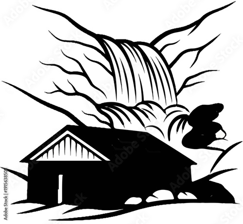 Silhouette of a house nestled beside a cascading waterfall and rocks