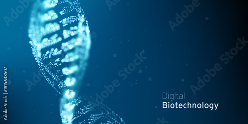 Abstract blue DNA molecule, double helix Technology illustration. Gene digital biotechnology futuristic concept. Biology genetic research backdrop.
