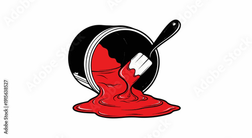 Red paint spills from overturned can with brush