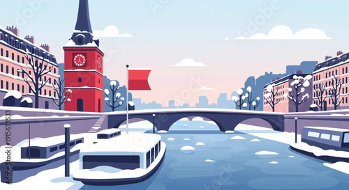 Pixel art cityscape with snow-covered buildings, a canal, and a bridge