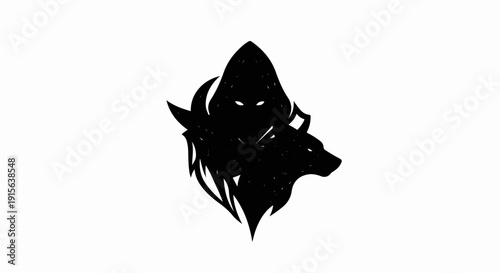 Silhouette of a hooded figure with glowing eyes and two wolf heads