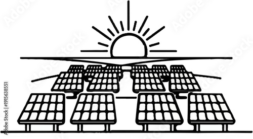 Rows of solar panels beneath a bright, shining sun