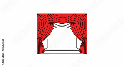 Red theatrical curtains draped over an arched opening, with tie-backs