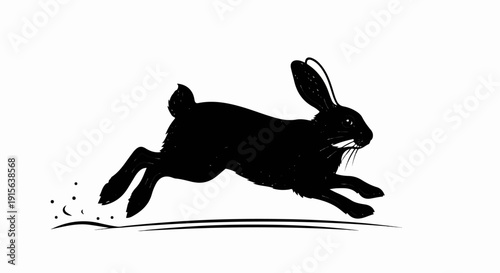 Silhouette of a black rabbit in full leap, with dust clouds behind it