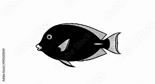 Silhouette of a black tropical fish with detailed fins against white