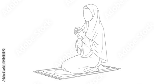 A black and white line drawing depicts a woman in a hijab kneeling on a prayer rug with hands clasped in prayer showing