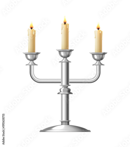 Three-arm candlestick. Silver candlesticks. Vector 3d clipart isolated on white background.