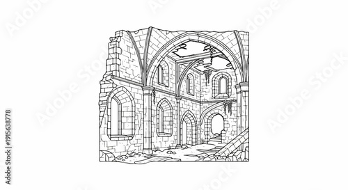 Ruined gothic interior with arched windows, columns, and crumbling stonework