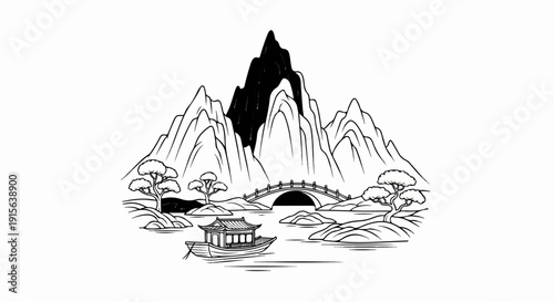 Serene traditional landscape with a boat and arched bridge under mountains