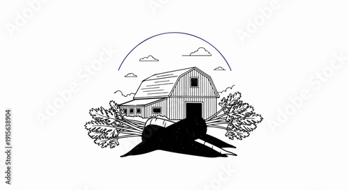 Rustic barn scene with fresh produce and a hint of a rainbow