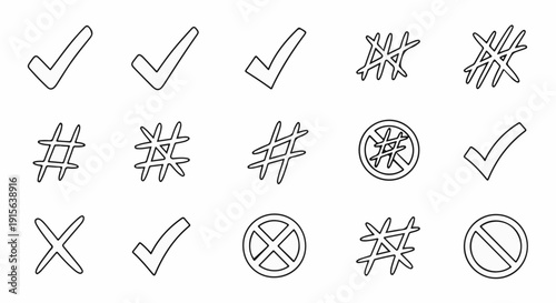 Set of hand-drawn symbols checkmarks, X marks, hashtags, and prohibition signs