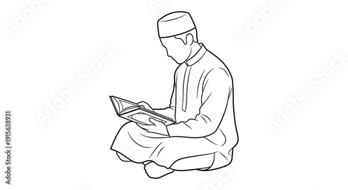 A black and white line drawing depicts a man wearing a traditional hat and robe seated and reading from an open book or