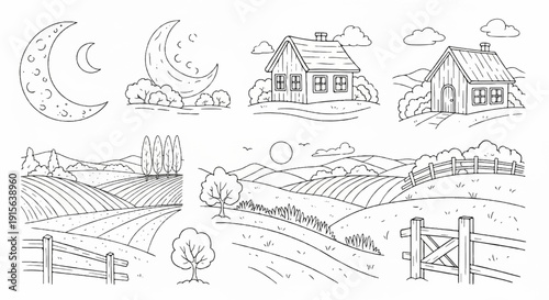 Rustic farm scenes with crescent moon, rustic houses, fields, trees, and fences