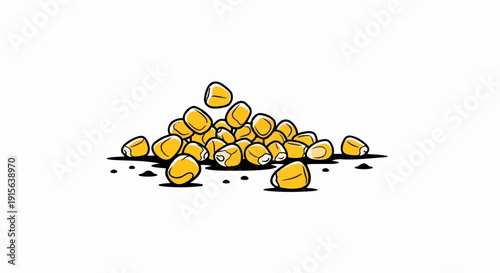 Pile of yellow corn kernels, scattered on a white background