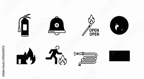 Set of icons related to fire safety and emergency situations