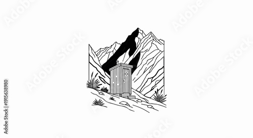 Rustic outhouse nestled amidst dramatic mountain peaks and sparse vegetation