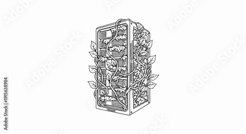 Server tower overgrown with vines and leaves, symbolizing nature's reclamation