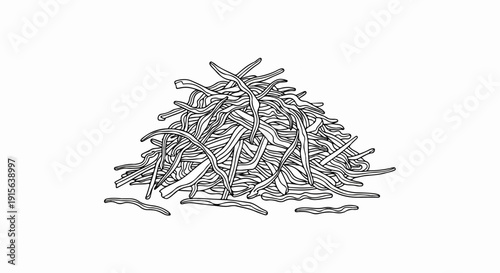 Pile of thin, wavy noodles or strands rendered in a black and white line drawing