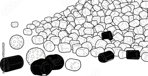 Pile of assorted white marshmallows and black licorice candy pieces