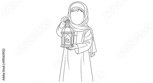 A black and white sketch depicts a young girl wearing a hijab and traditional clothing holding a decorative lantern with intricate details