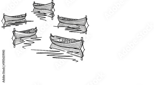 Several small boats are depicted floating on calm water