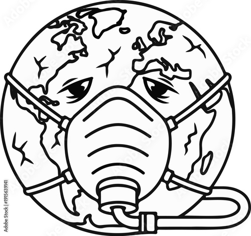 Sad planet Earth with a mask, representing pollution and disease