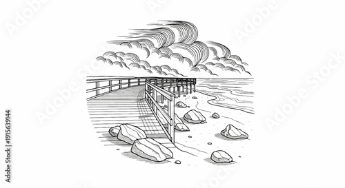 Pier extends over sandy beach with rocks and stormy clouds