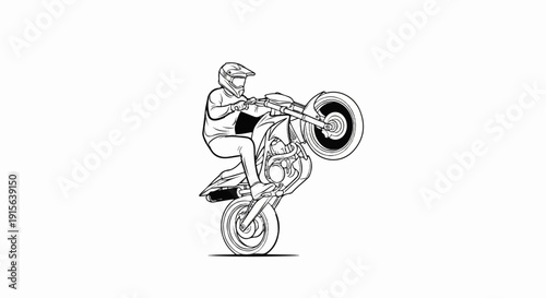 Rider performing a wheelie on a motorcycle against a white background