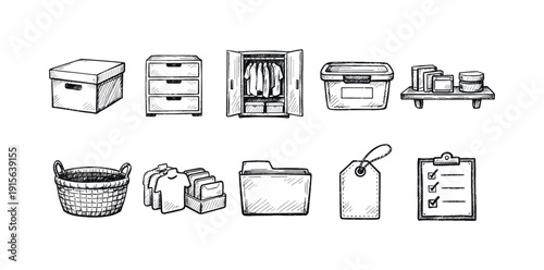 Home organization outline icon set. Storage, closet, and label icons collection