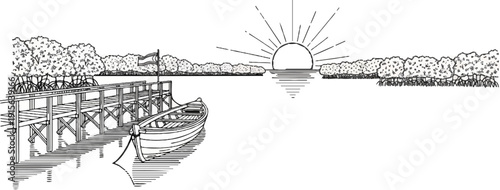 Pier with a boat at sunset by the mangrove trees