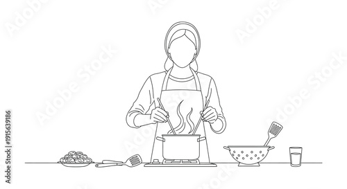 A line drawing depicts a woman wearing an apron cooking in a pot on a stove with utensils and ingredients nearby