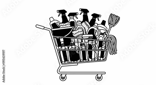 Shopping cart filled with cleaning supplies and a mop