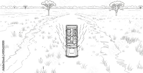 Safari vehicle carrying passengers through a savanna landscape with trees