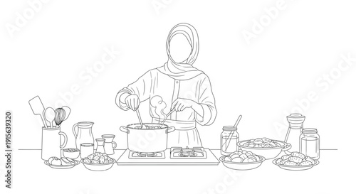 A black and white line drawing depicts a woman wearing a hijab cooking in a kitchen with various ingredients and utensils on a