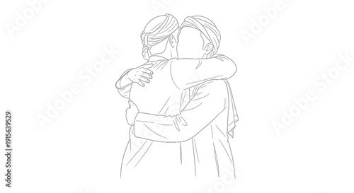 A black and white line drawing depicts two figures embracing in a close comforting hug demonstrating affection and connection